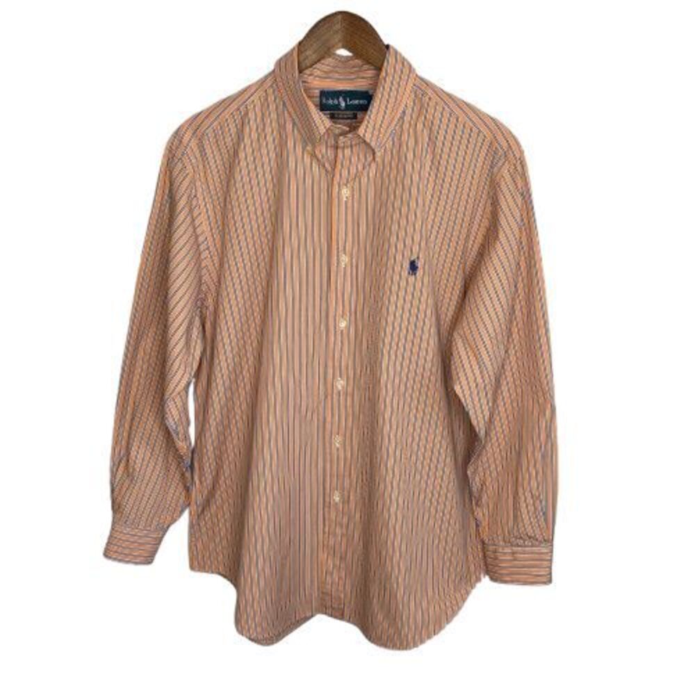 Ralph Lauren Mens Classic Fit Button Down Shirt Sz 16.5 32/33 Peach Blue Stripes